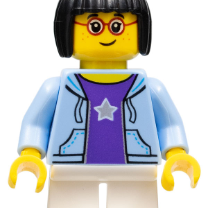 LEGOLAND Park Girl with Black Bob Cut Hair, Bright Light Blue Hooded Sweatshirt Open with Purple Shirt with Silver Star Pattern and White Short Legs