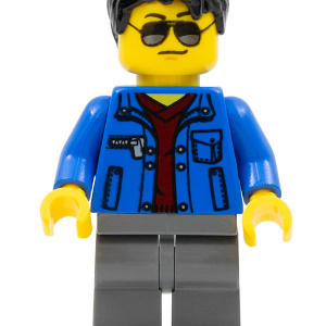 Blue Jacket over Dark Red V-Neck Sweater, Dark Bluish Gray Legs, Black Short Tousled Hair, Silver Sunglasses