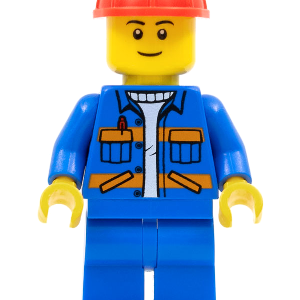 Blue Jacket with Diagonal Lower Pockets and Orange Stripes, Blue Legs, Red Construction Helmet