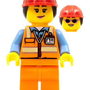 Airport Luggage Handler - Female, Orange Safety Vest with Reflective Stripes, Orange Legs, Red Construction Helmet with Dark Brown Ponytail Hair