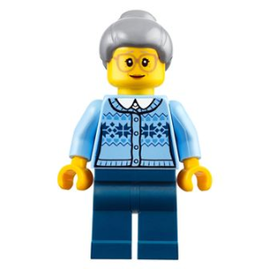 Grandmother - Fair Isle Sweater, Light Bluish Gray Hair with Top Knot Bun, Dark Blue Legs, Glasses