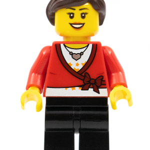LEGO Brand Store Female, Sweater Cropped with Bow, Heart Necklace, Black Legs, Dark Brown Hair with Ponytail